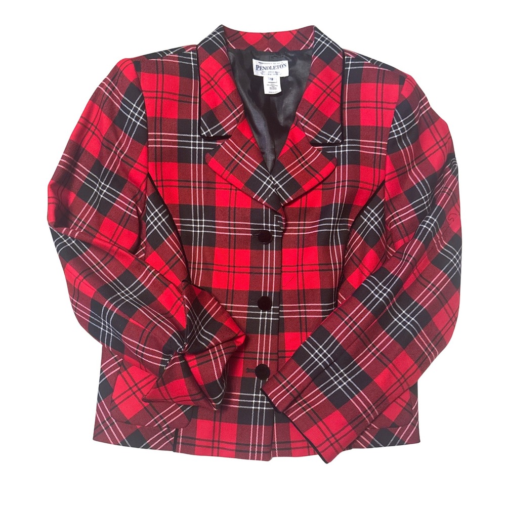 Pendleton Womens Red Black Tartan Plaid Wool Blazer Jacket Size 12 Holiday EUC